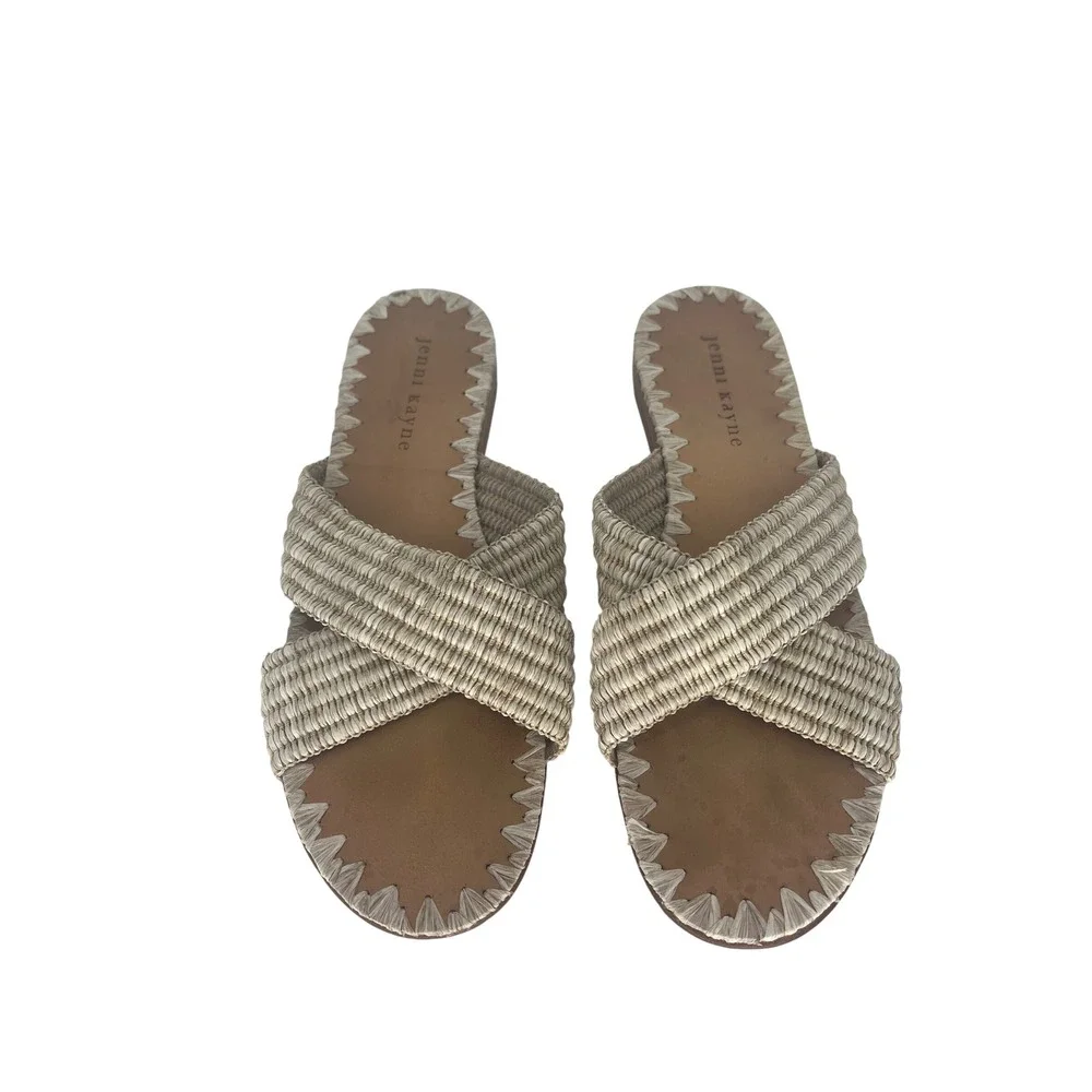 Jenni Kayne Raffia Crossover Sandals Tan Cream Woven Flat Slides Size 38